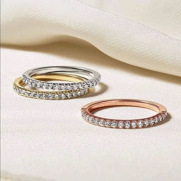 NEW! 18K Yellow Gold Plated Inlaid Diamond Half Circle Stacking Eternity Band - Picture 3 of 11